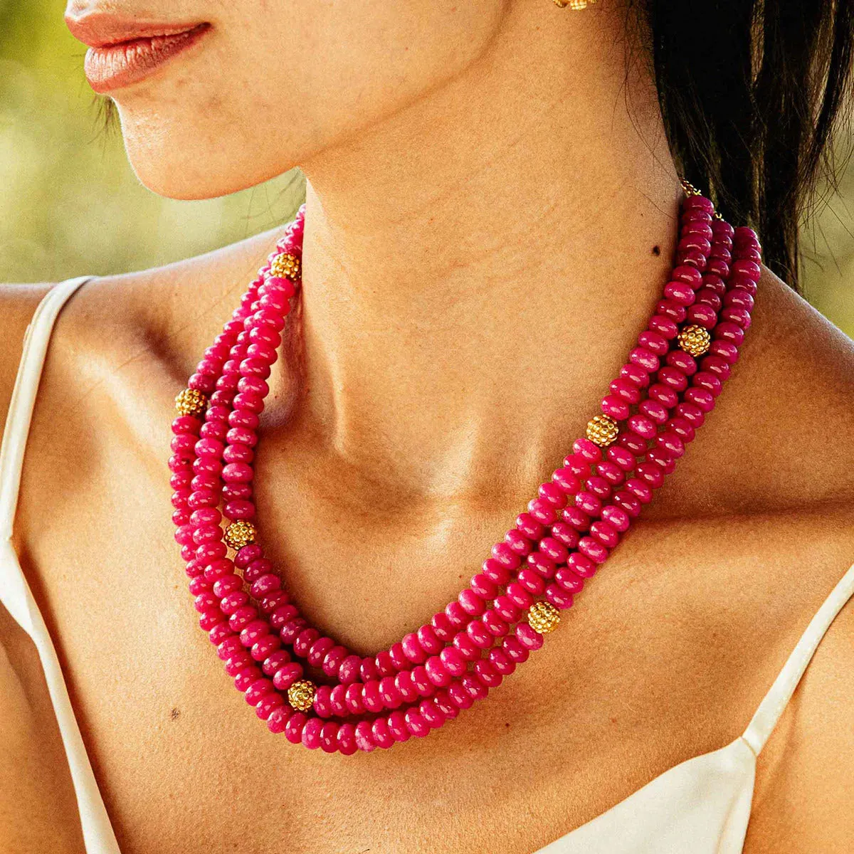 Berry & Bead Triple Strand Necklace - Peony Jade