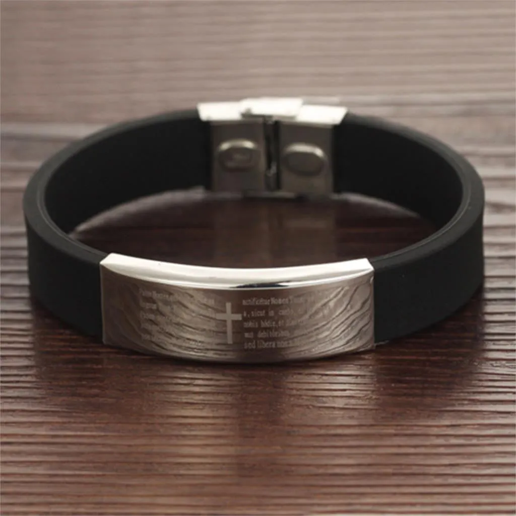 Bible Cross Charm Silver Color Titanium Stainless Steel Black Silicone Leather Bracelet