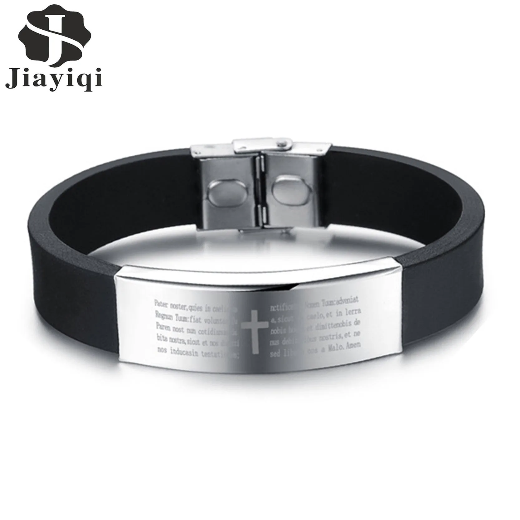 Bible Cross Charm Silver Color Titanium Stainless Steel Black Silicone Leather Bracelet