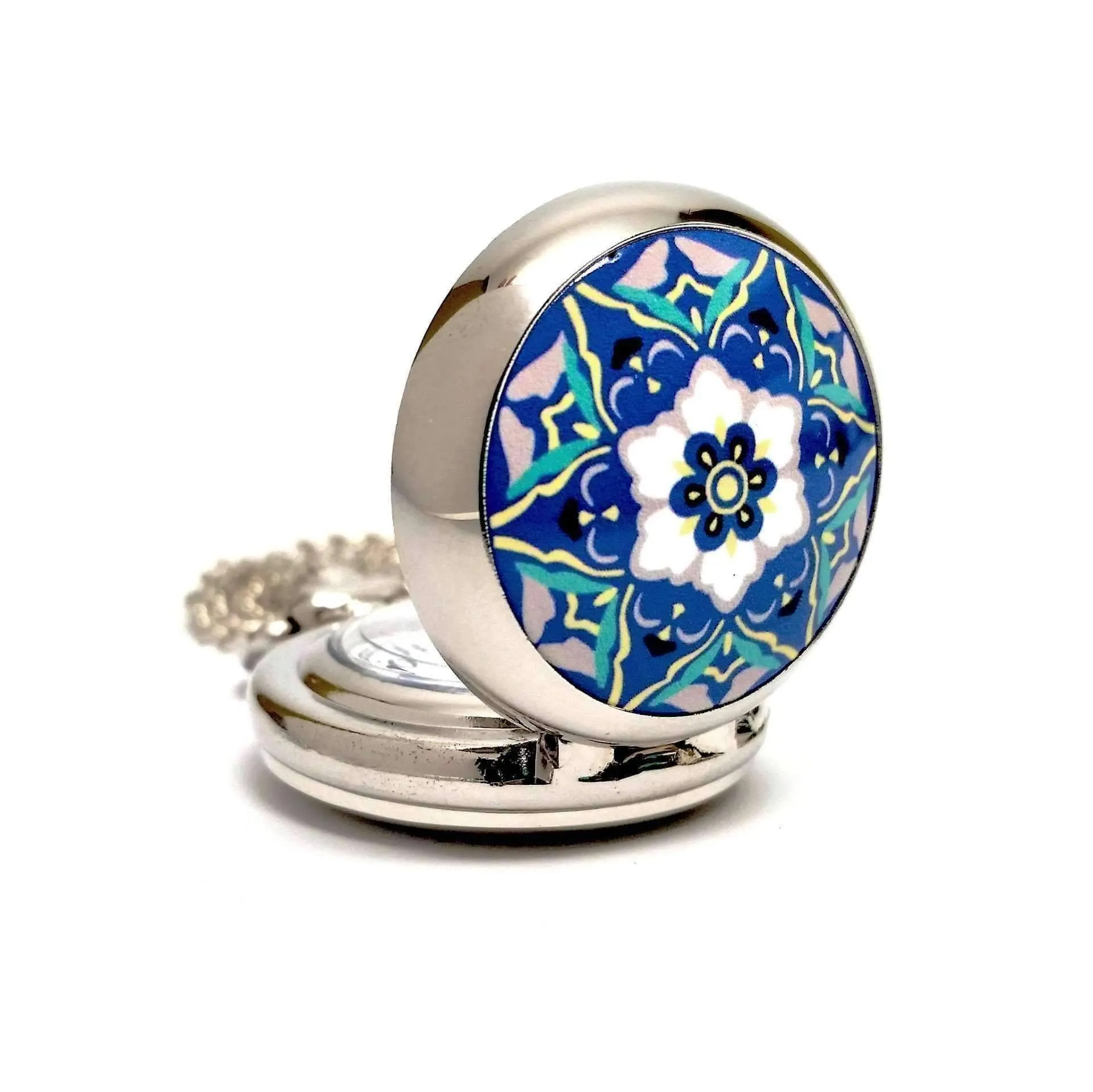 Blue and White Floral Vintage Style Mini Pocket Watch For Woman