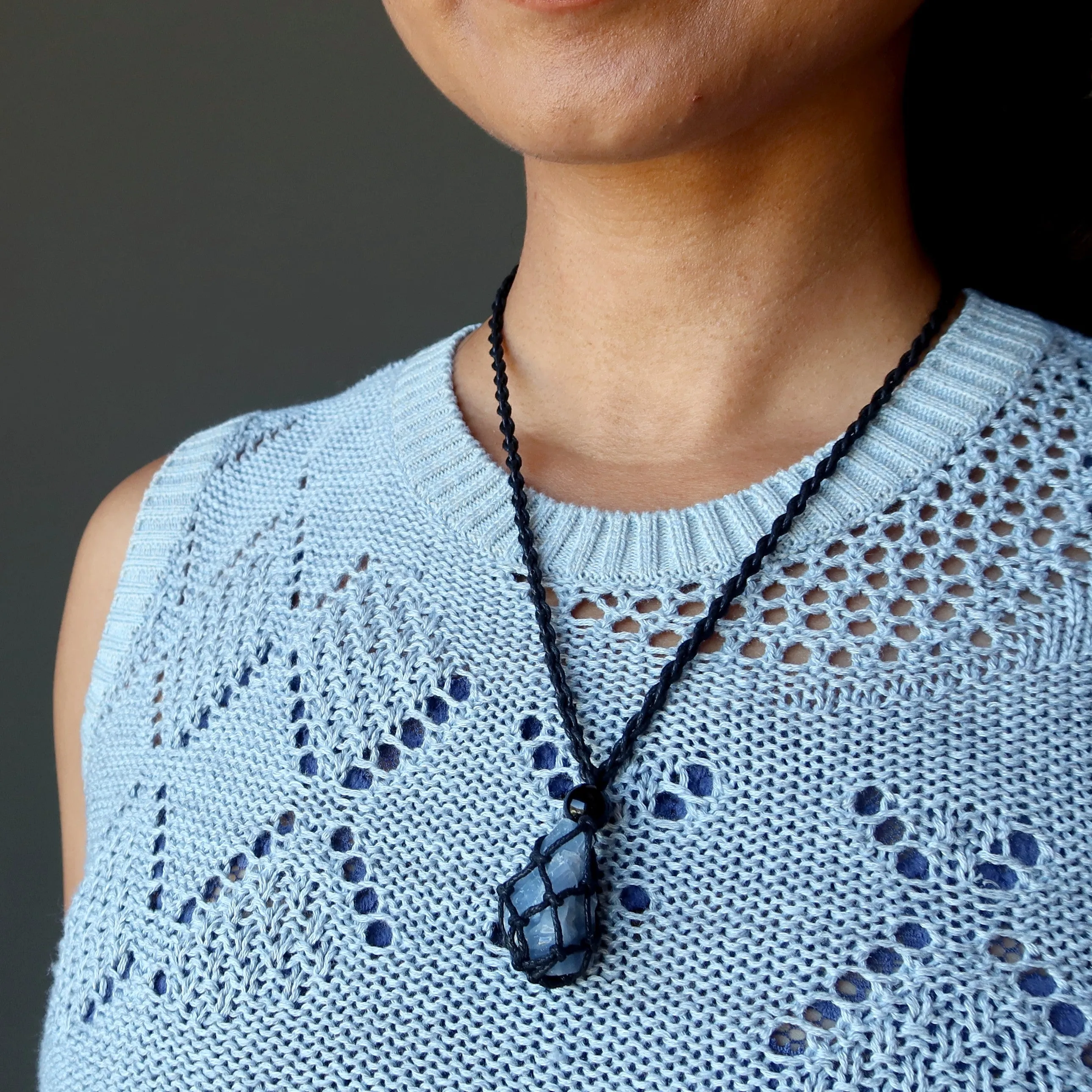 Blue Calcite Necklace Macrame Nest in the Sky Healing Crystal