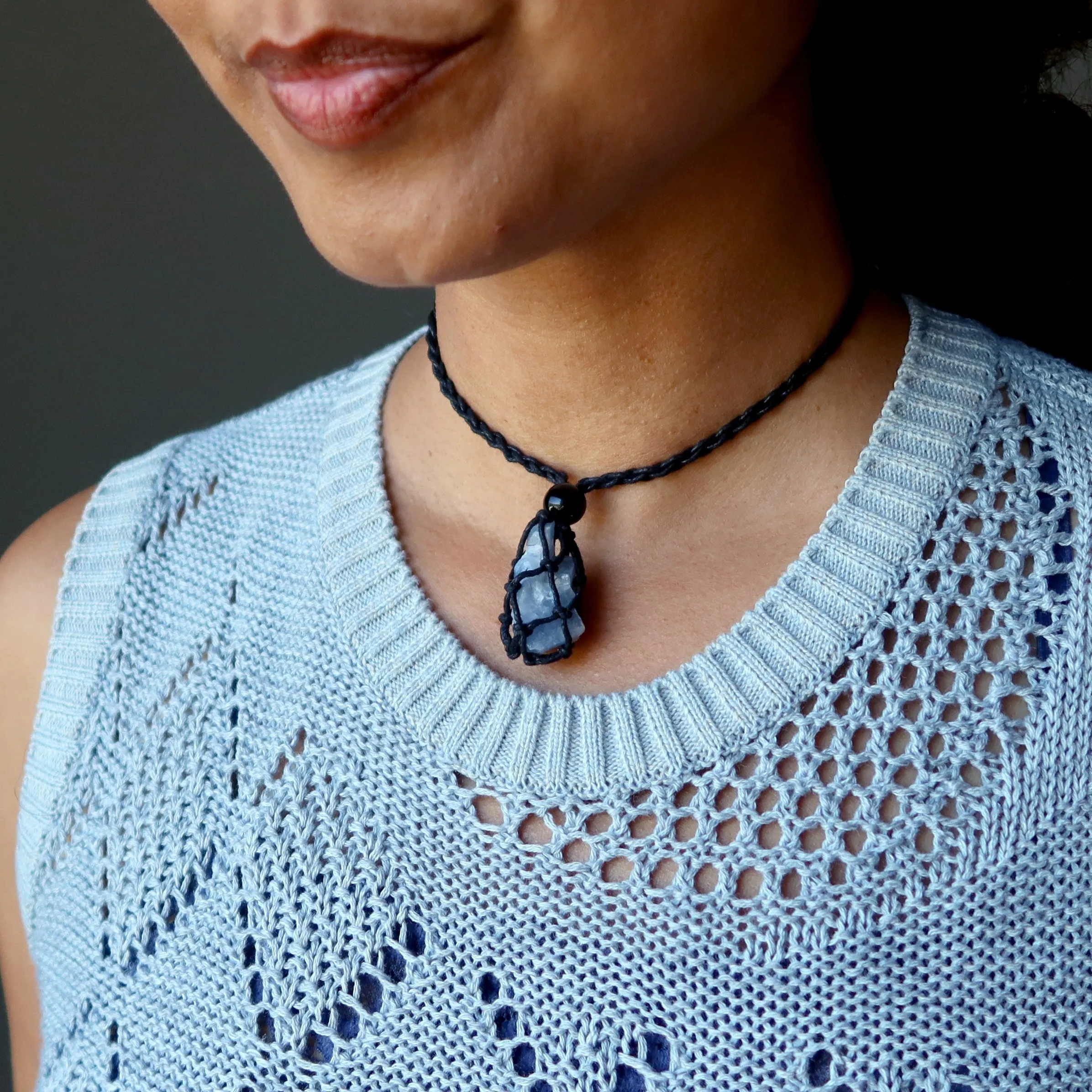 Blue Calcite Necklace Macrame Nest in the Sky Healing Crystal