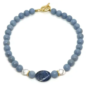 Blue Jade and White Giraffe Beaded Necklace with Sodalite Center Stone