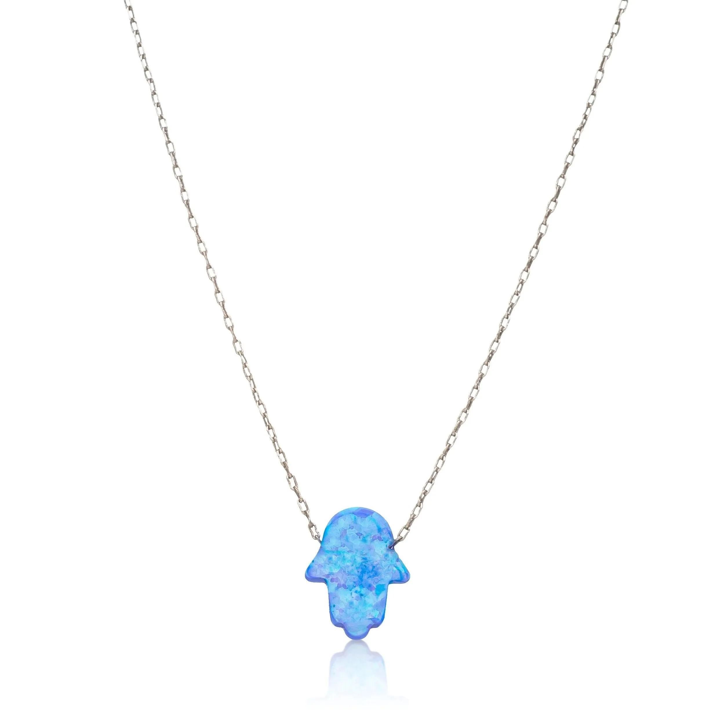 Blue Opal Hamsa Hand Necklace on Sterling Silver Chain