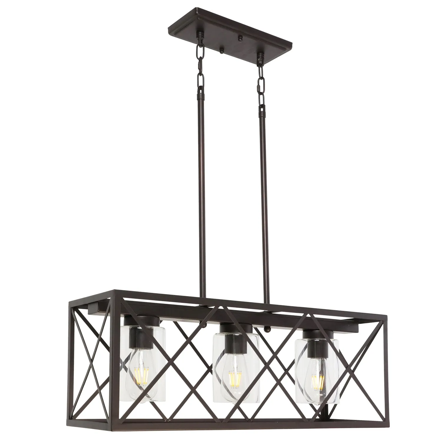 BONLICHT 3-Light Vintage Rustic Rectangle Chandelier Oil Rubbed Bronze Finish with Clear Glass Shade