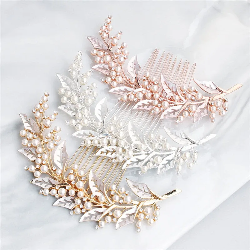 Bridal Hair Accessories Silver/Gold/Rose Gold Wedding Hair Comb with Pearl Beaded Leaves Hair Jewelry