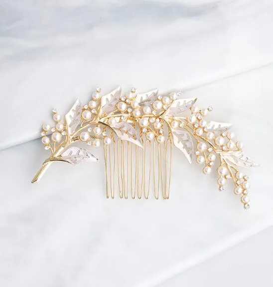 Bridal Hair Accessories Silver/Gold/Rose Gold Wedding Hair Comb with Pearl Beaded Leaves Hair Jewelry