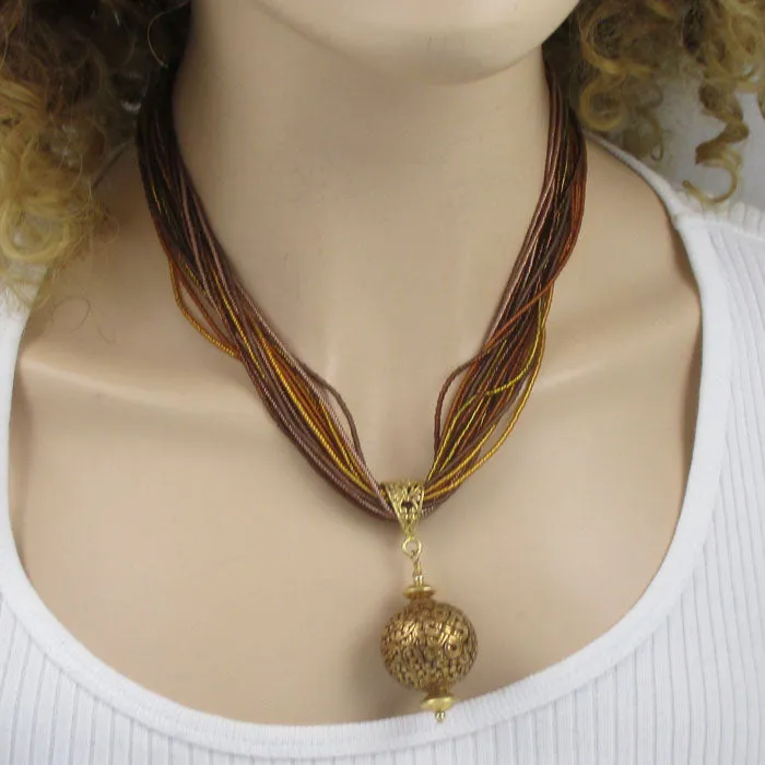 Brown & Copper Seed Bead Twisted Necklace with Gold Pendant