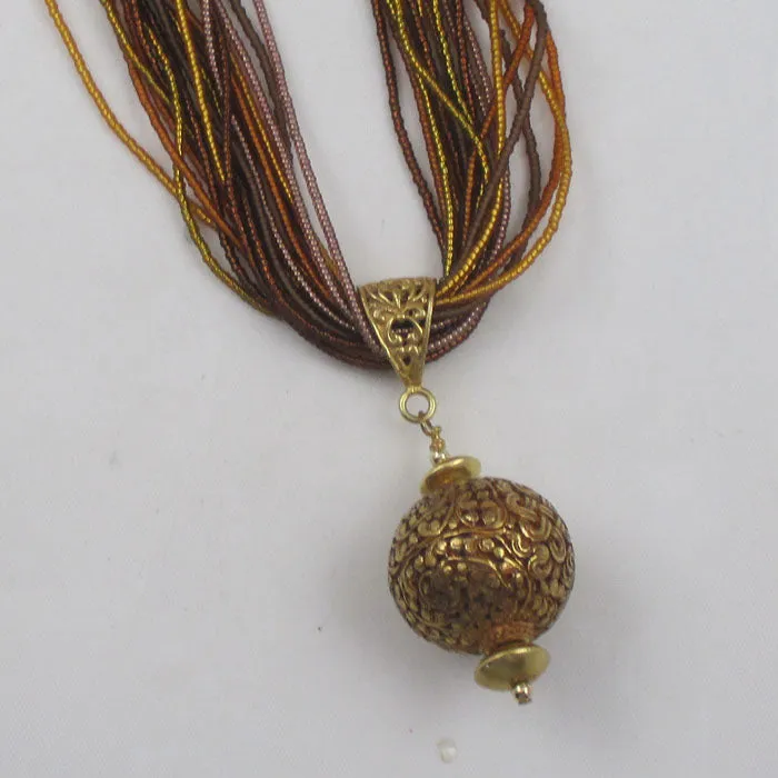 Brown & Copper Seed Bead Twisted Necklace with Gold Pendant