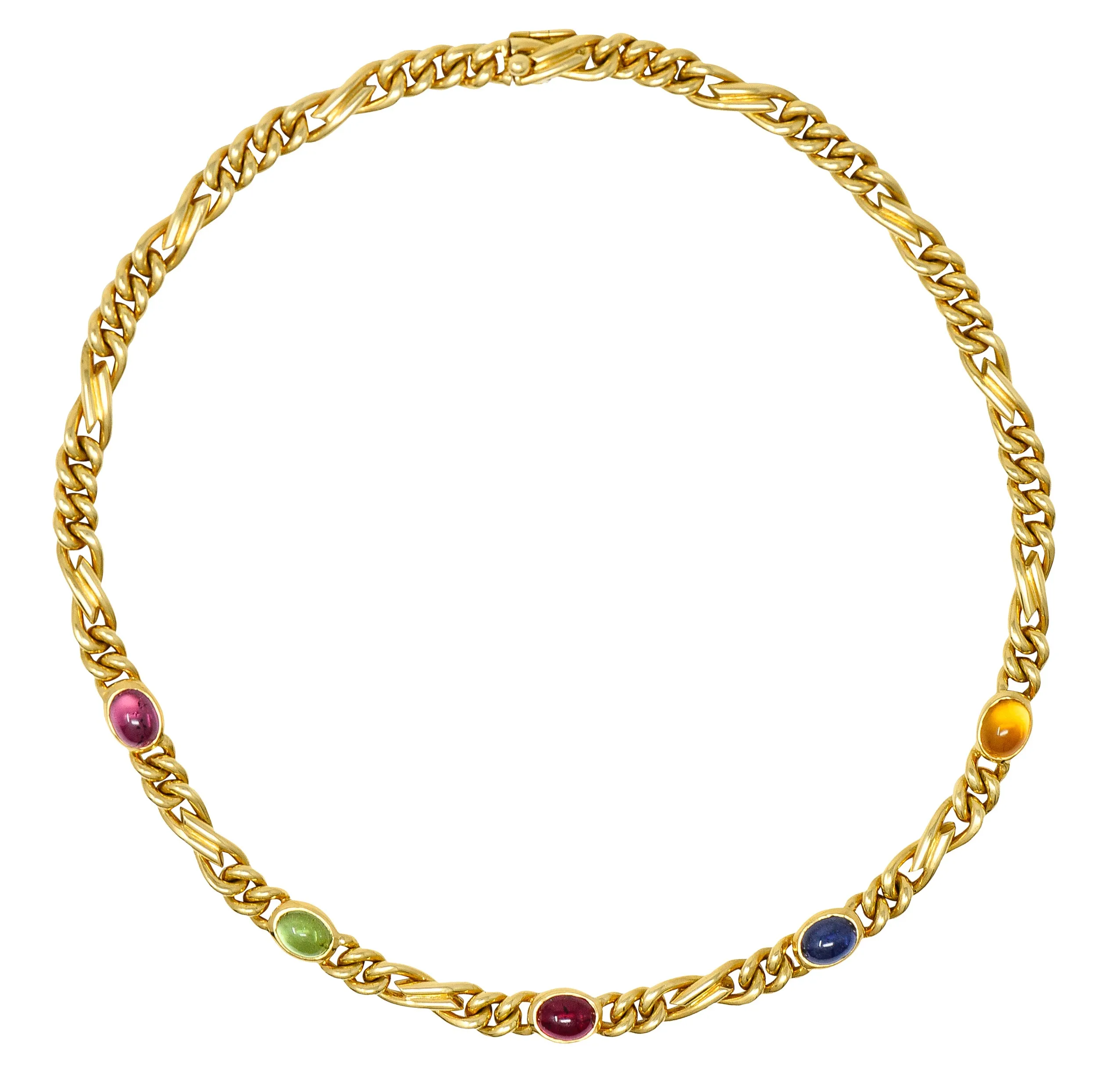 Bulgari 1980's Citrine Sapphire Tourmaline Cabochon 18 Karat Yellow Gold Figaro Chain Vintage Multi-Gem Necklace