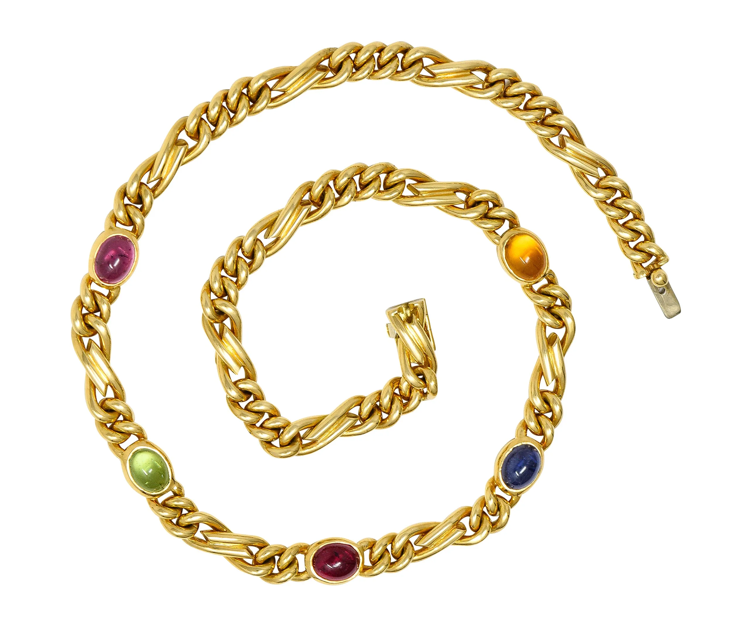 Bulgari 1980's Citrine Sapphire Tourmaline Cabochon 18 Karat Yellow Gold Figaro Chain Vintage Multi-Gem Necklace