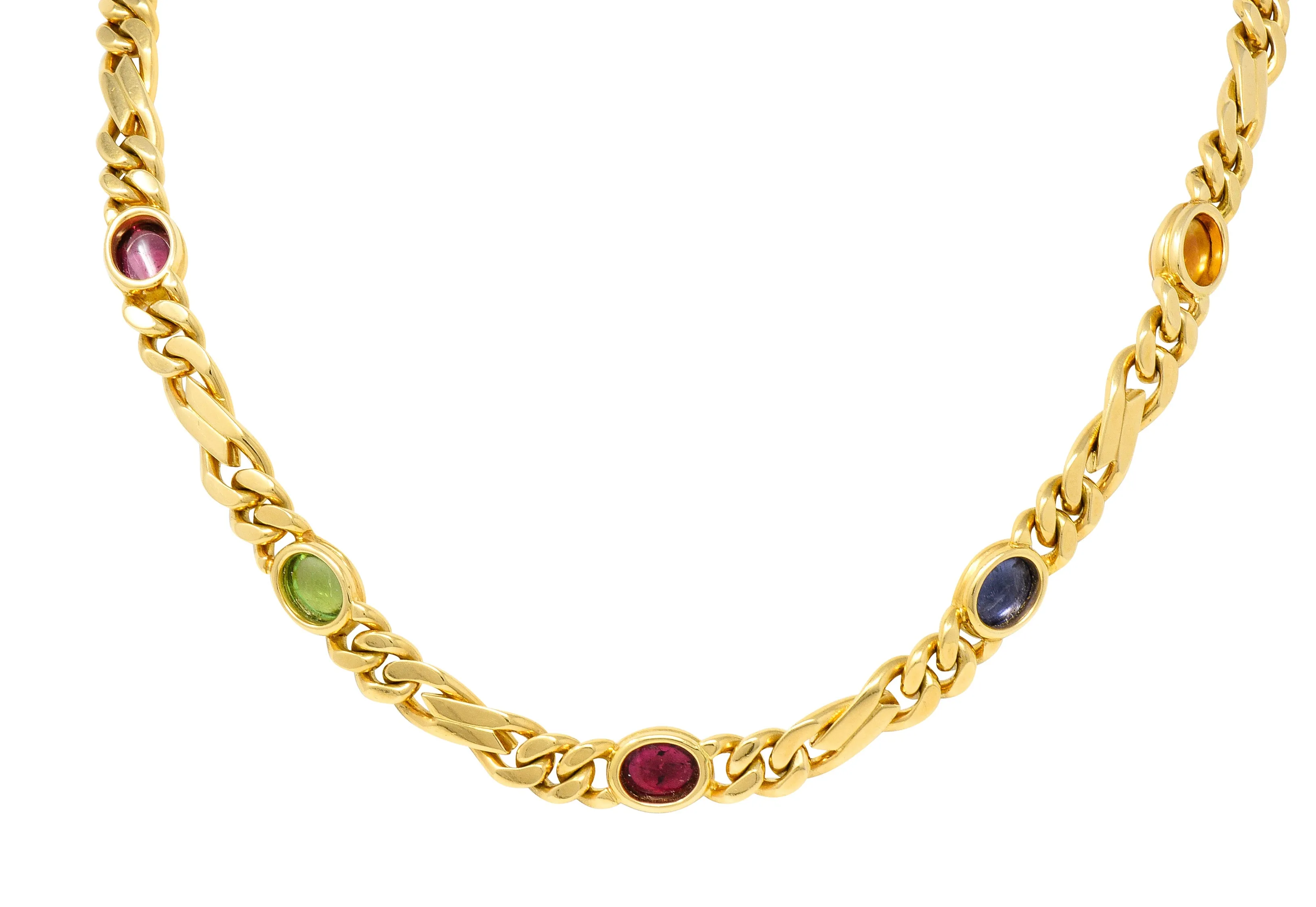 Bulgari 1980's Citrine Sapphire Tourmaline Cabochon 18 Karat Yellow Gold Figaro Chain Vintage Multi-Gem Necklace