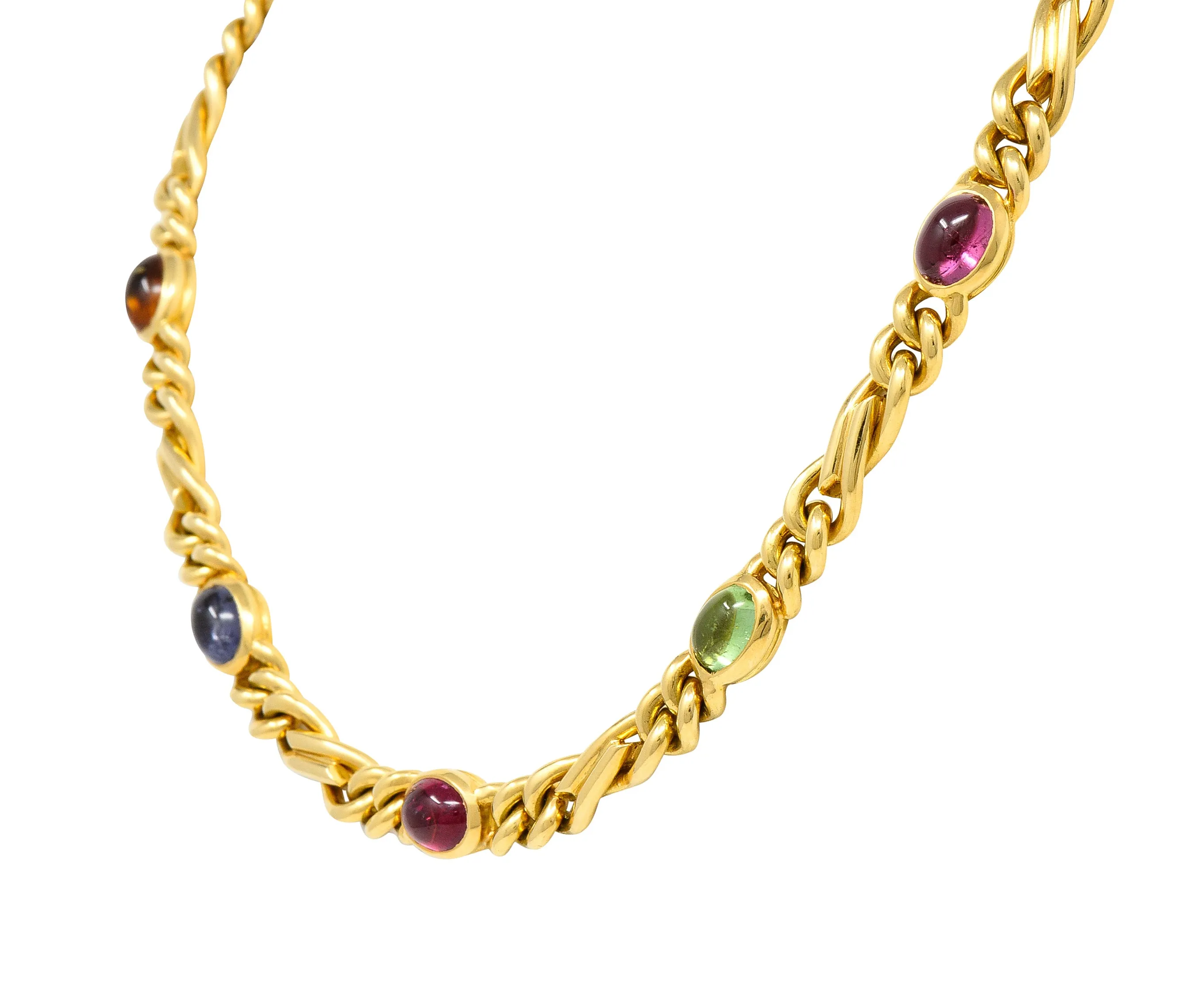 Bulgari 1980's Citrine Sapphire Tourmaline Cabochon 18 Karat Yellow Gold Figaro Chain Vintage Multi-Gem Necklace