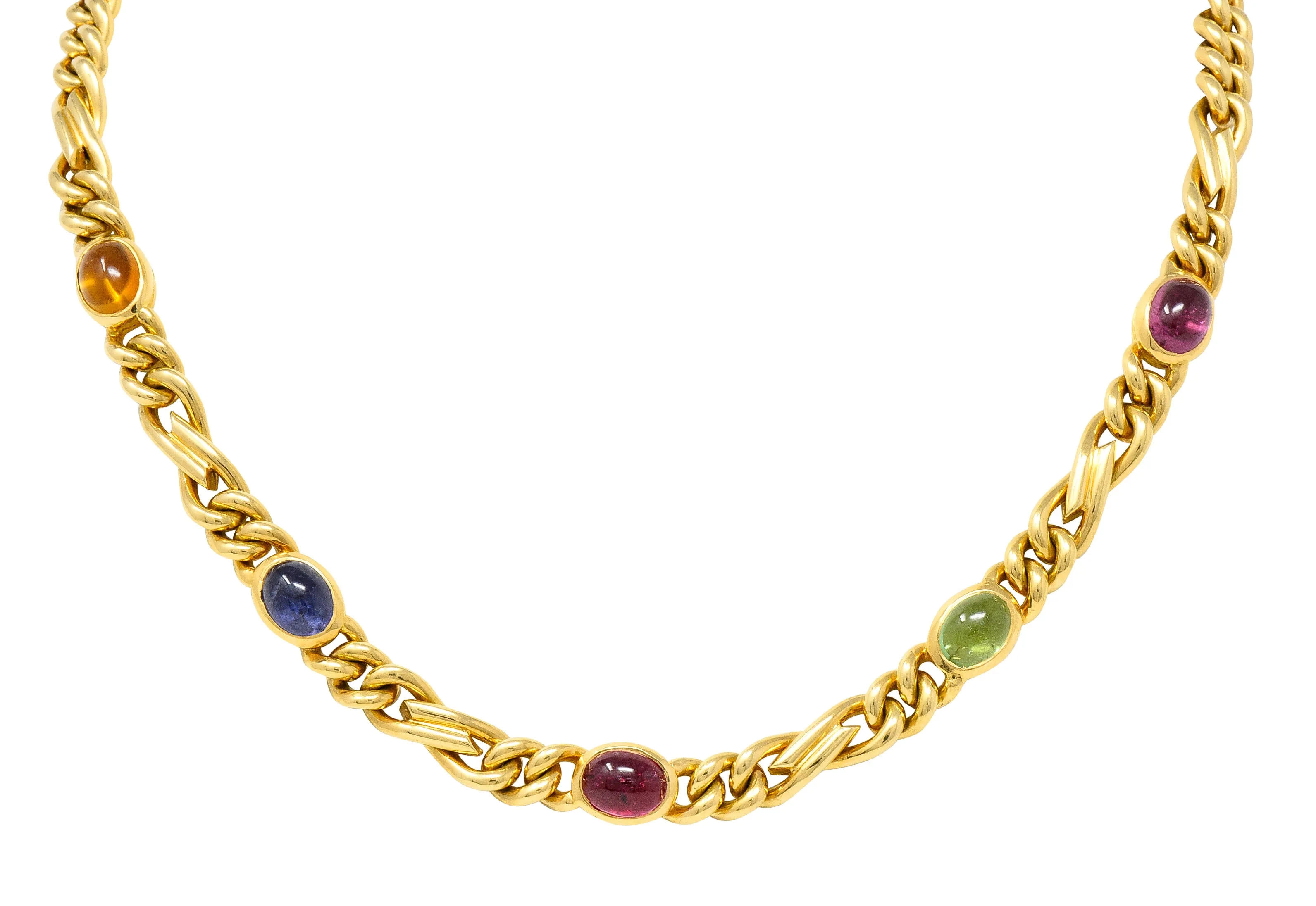 Bulgari 1980's Citrine Sapphire Tourmaline Cabochon 18 Karat Yellow Gold Figaro Chain Vintage Multi-Gem Necklace