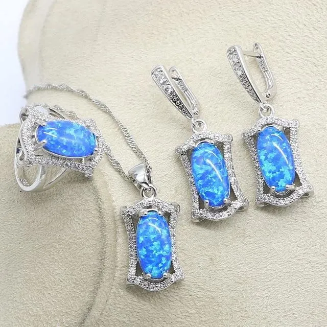 Captivating Silver 925 Blue Opal Bridal Jewelry Set with Necklace Earrings Pendants Ring