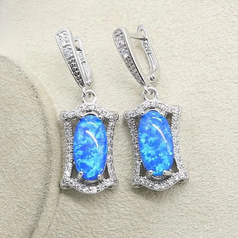 Captivating Silver 925 Blue Opal Bridal Jewelry Set with Necklace Earrings Pendants Ring