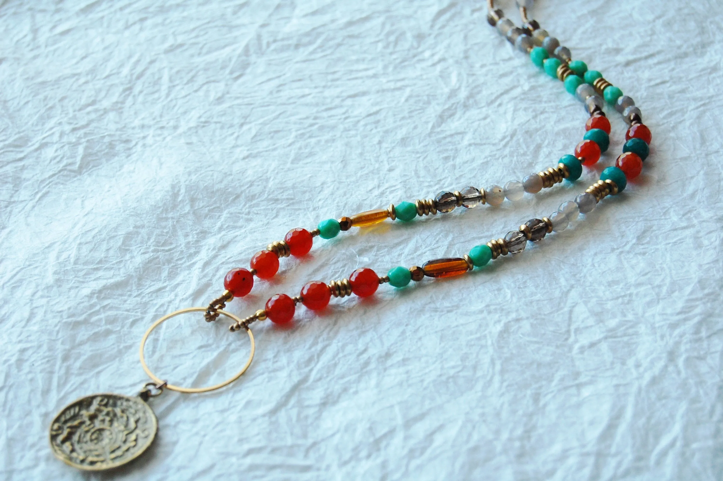 Carnelian Agate and Turquoise Czech Beads Tibetan Zodiac Calendar Necklace, E04172 The Villa