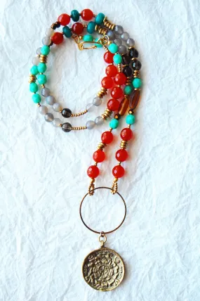 Carnelian Agate and Turquoise Czech Beads Tibetan Zodiac Calendar Necklace, E04172 The Villa