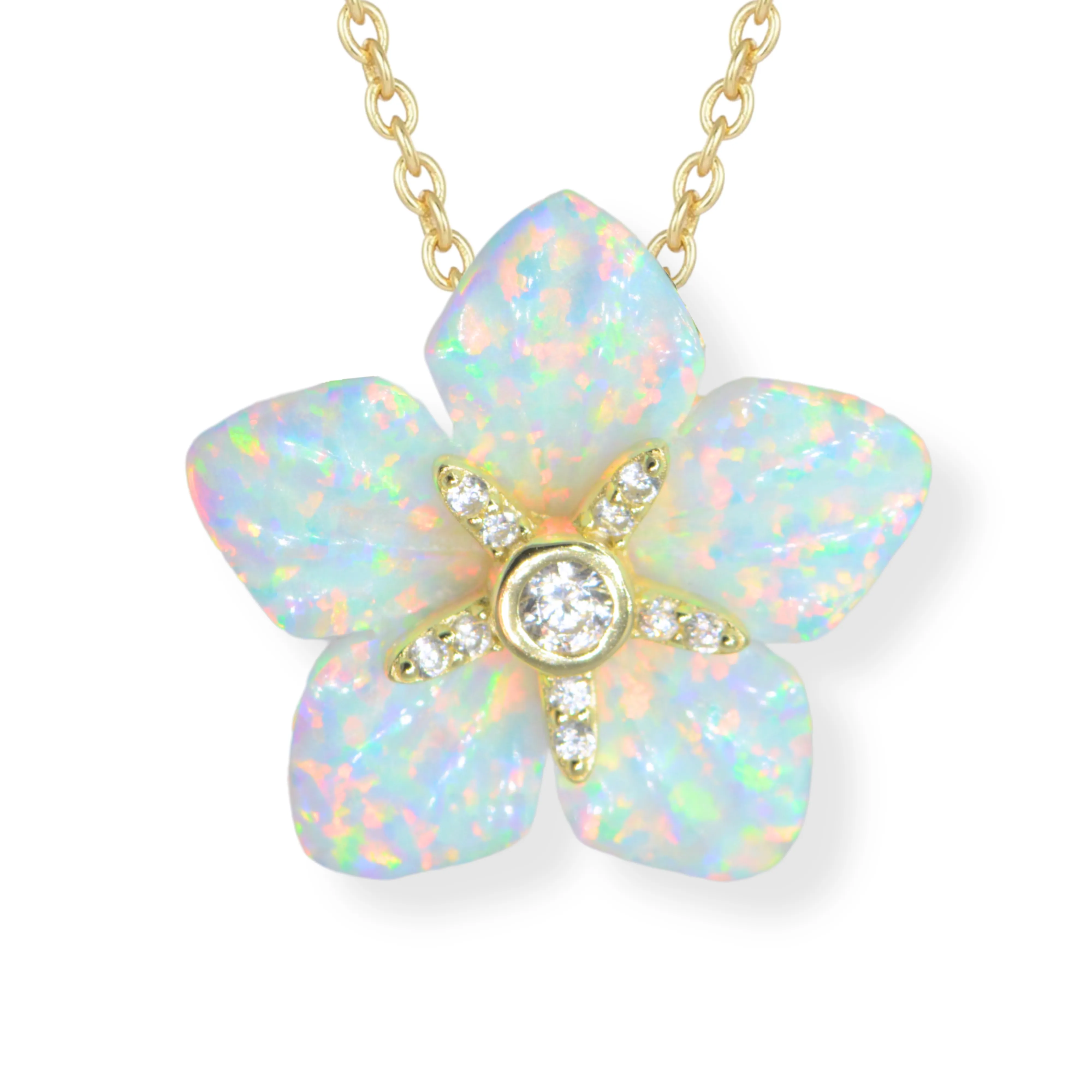 Carved Opal Flower Necklace With Crystals