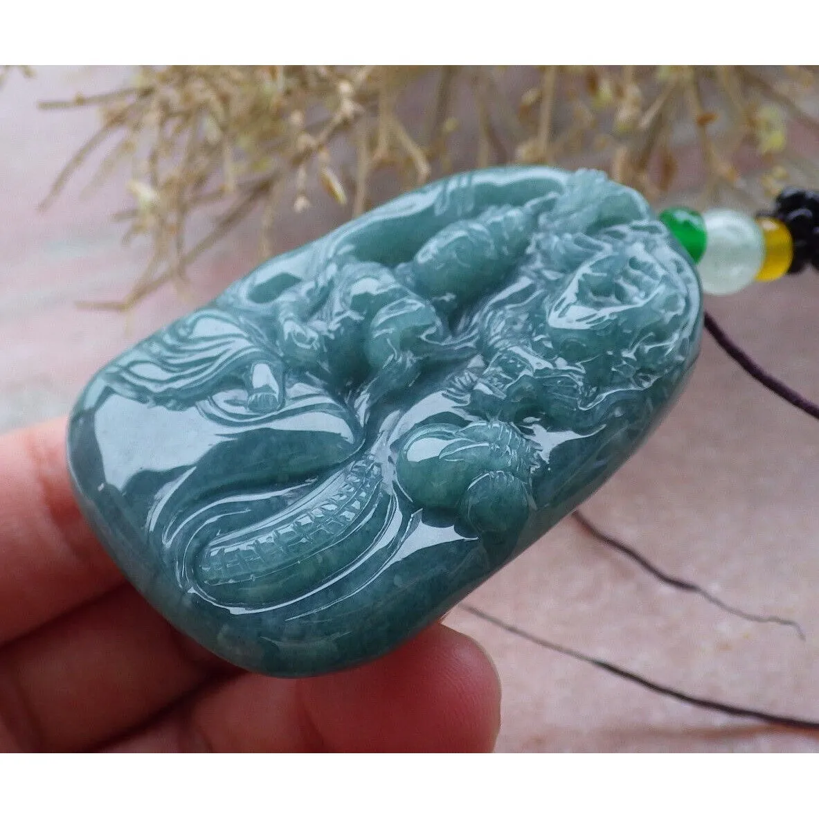 Certified Green Burma Natural A Jade Jadeite Pendant Dragon Guanyin Necklace