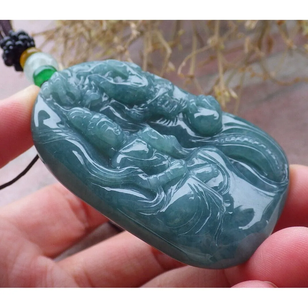 Certified Green Burma Natural A Jade Jadeite Pendant Dragon Guanyin Necklace