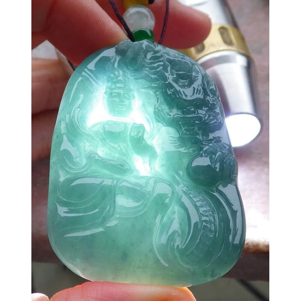 Certified Green Burma Natural A Jade Jadeite Pendant Dragon Guanyin Necklace