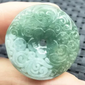 Certified Green Natural Type A Jadeite Carved Moire Safety Circle Donut Pendant Necklace