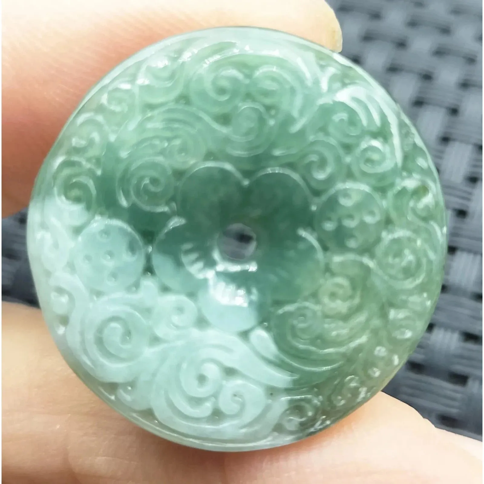 Certified Green Natural Type A Jadeite Carved Moire Safety Circle Donut Pendant Necklace