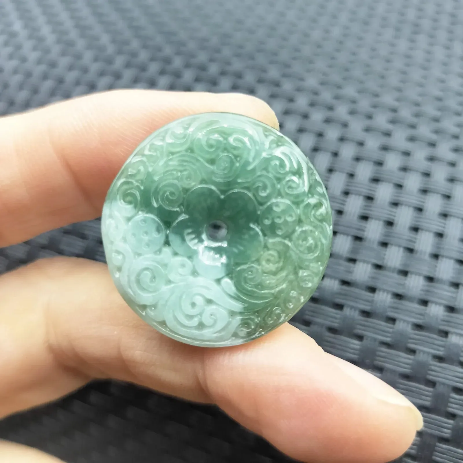 Certified Green Natural Type A Jadeite Carved Moire Safety Circle Donut Pendant Necklace