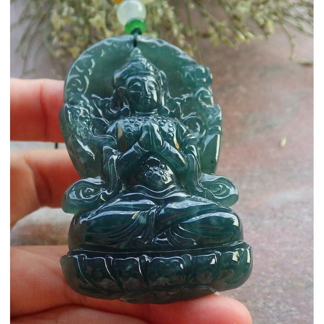 Certified Icy Blue Water Natural A Jade Jadeite Pendant Guanyin Kwan Yin Necklace