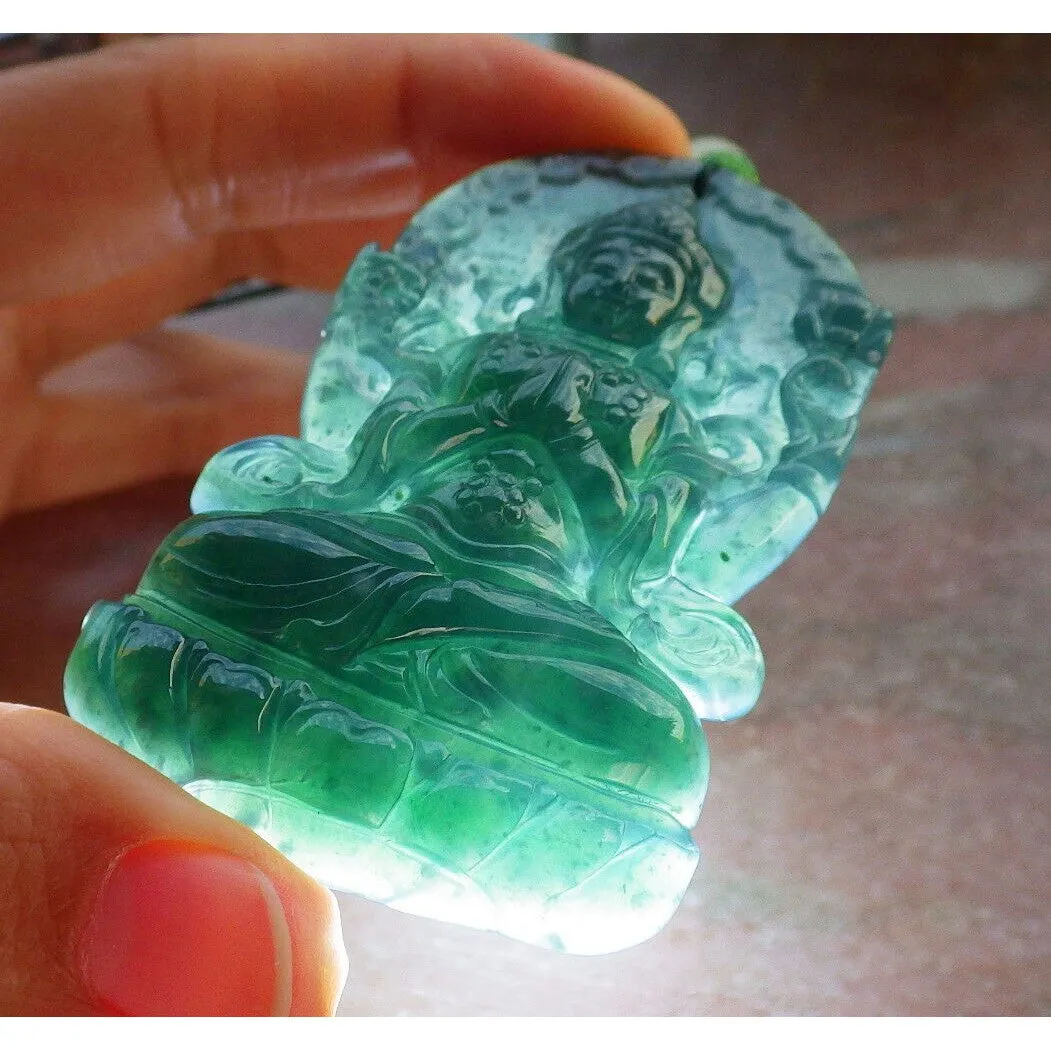 Certified Icy Blue Water Natural A Jade Jadeite Pendant Guanyin Kwan Yin Necklace