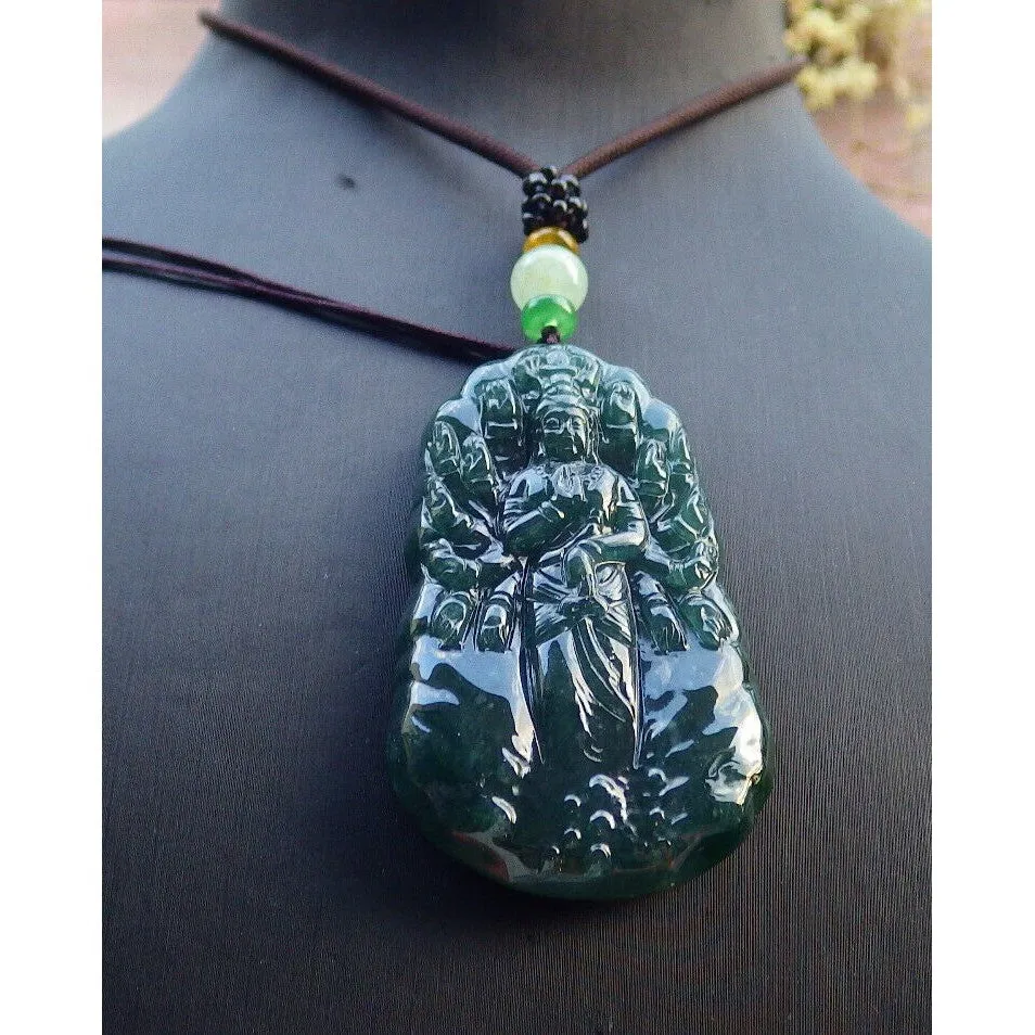 Certified Icy Dark Green Natural A Jade Pendant Guanyin Kwan Yin Necklace