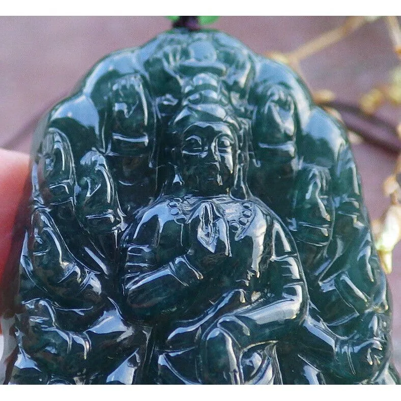 Certified Icy Dark Green Natural A Jade Pendant Guanyin Kwan Yin Necklace