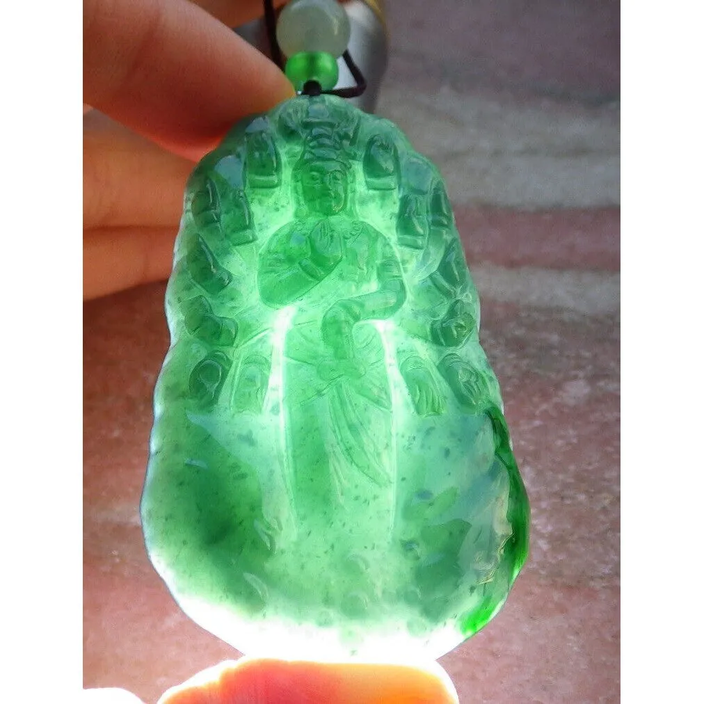 Certified Icy Dark Green Natural A Jade Pendant Guanyin Kwan Yin Necklace