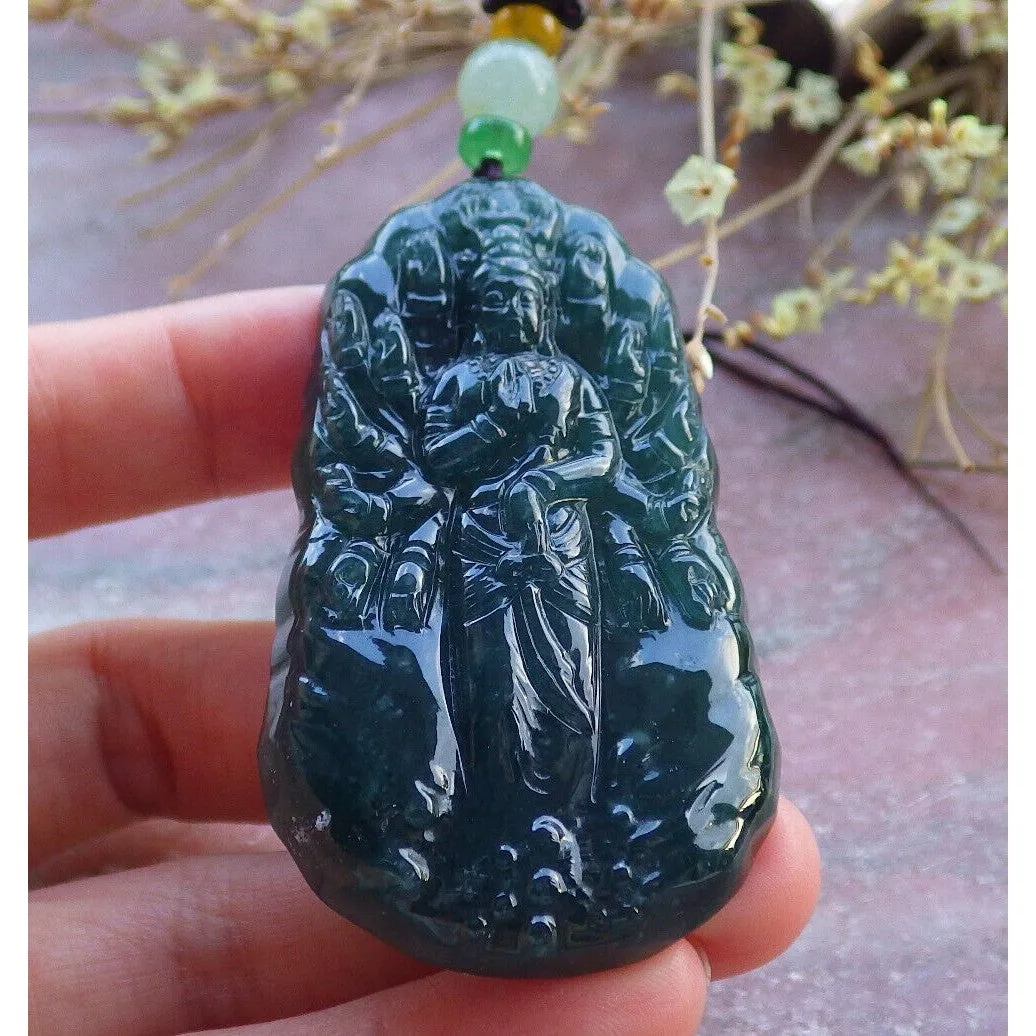 Certified Icy Dark Green Natural A Jade Pendant Guanyin Kwan Yin Necklace