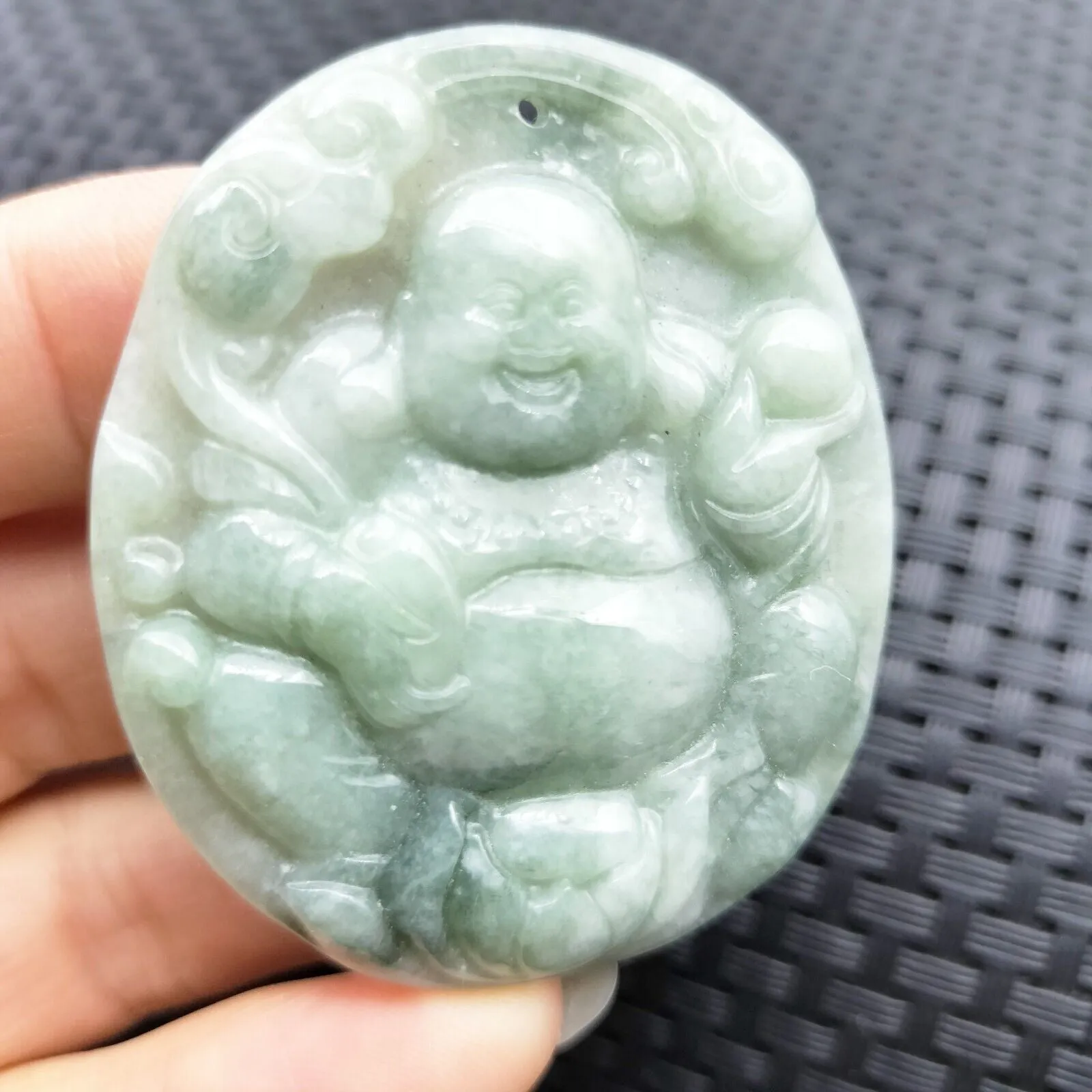 Certified Light Green Natural A Jadeite Carved Happy Buddha God Ruyi Pendant Necklace