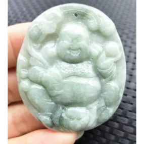 Certified Light Green Natural A Jadeite Carved Happy Buddha God Ruyi Pendant Necklace