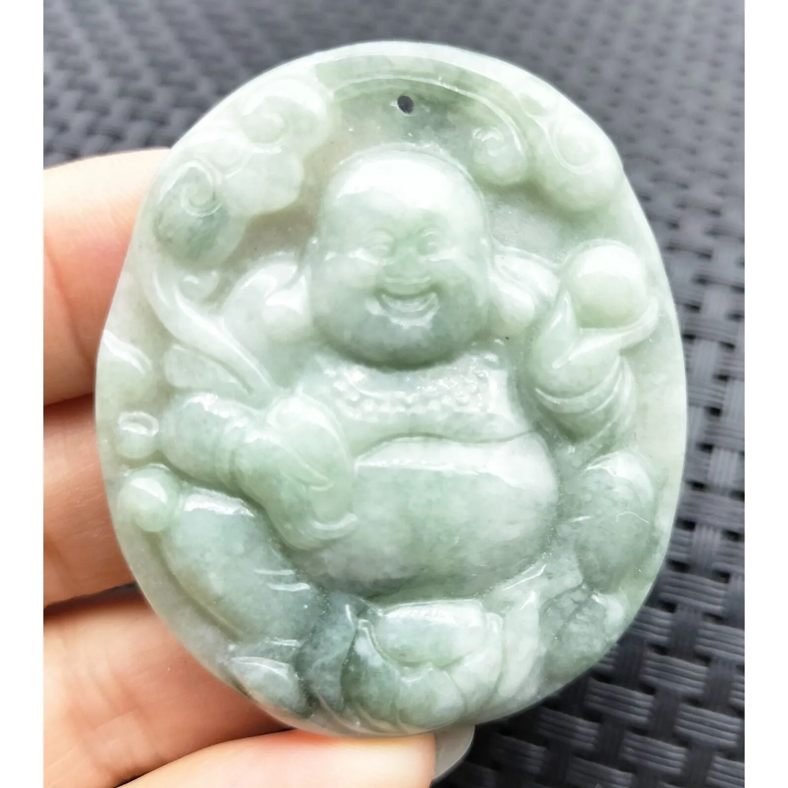 Certified Light Green Natural A Jadeite Carved Happy Buddha God Ruyi Pendant Necklace