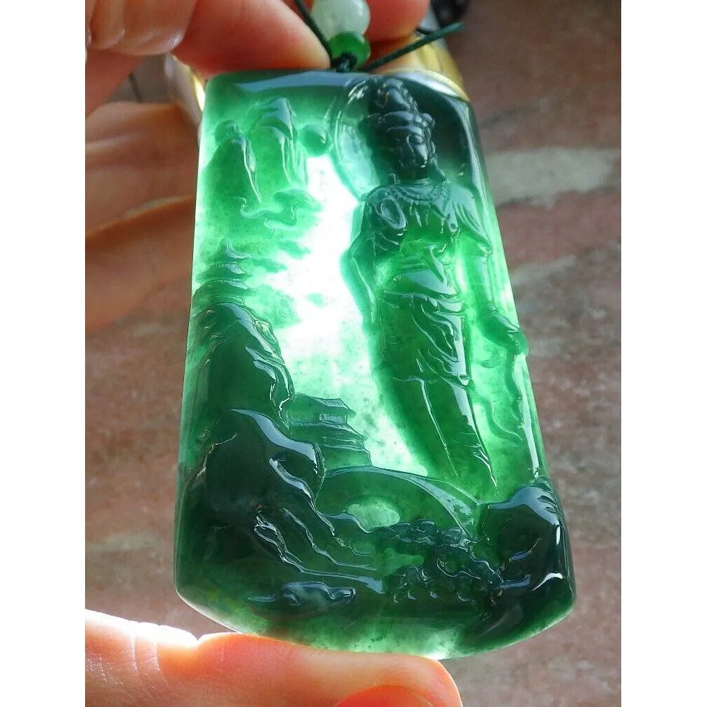 Certified Natural A Jade Jadeite Pendant Landscape Painting Kwan Yin Necklace