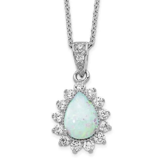 Cheryl M Sterling Silver CZ Opal Pear Halo Pendant Necklace