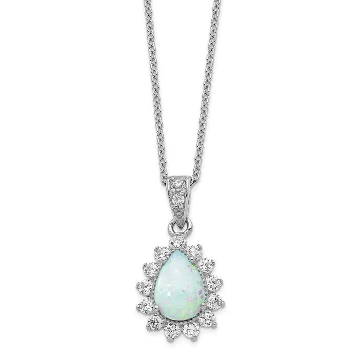 Cheryl M Sterling Silver CZ Opal Pear Halo Pendant Necklace