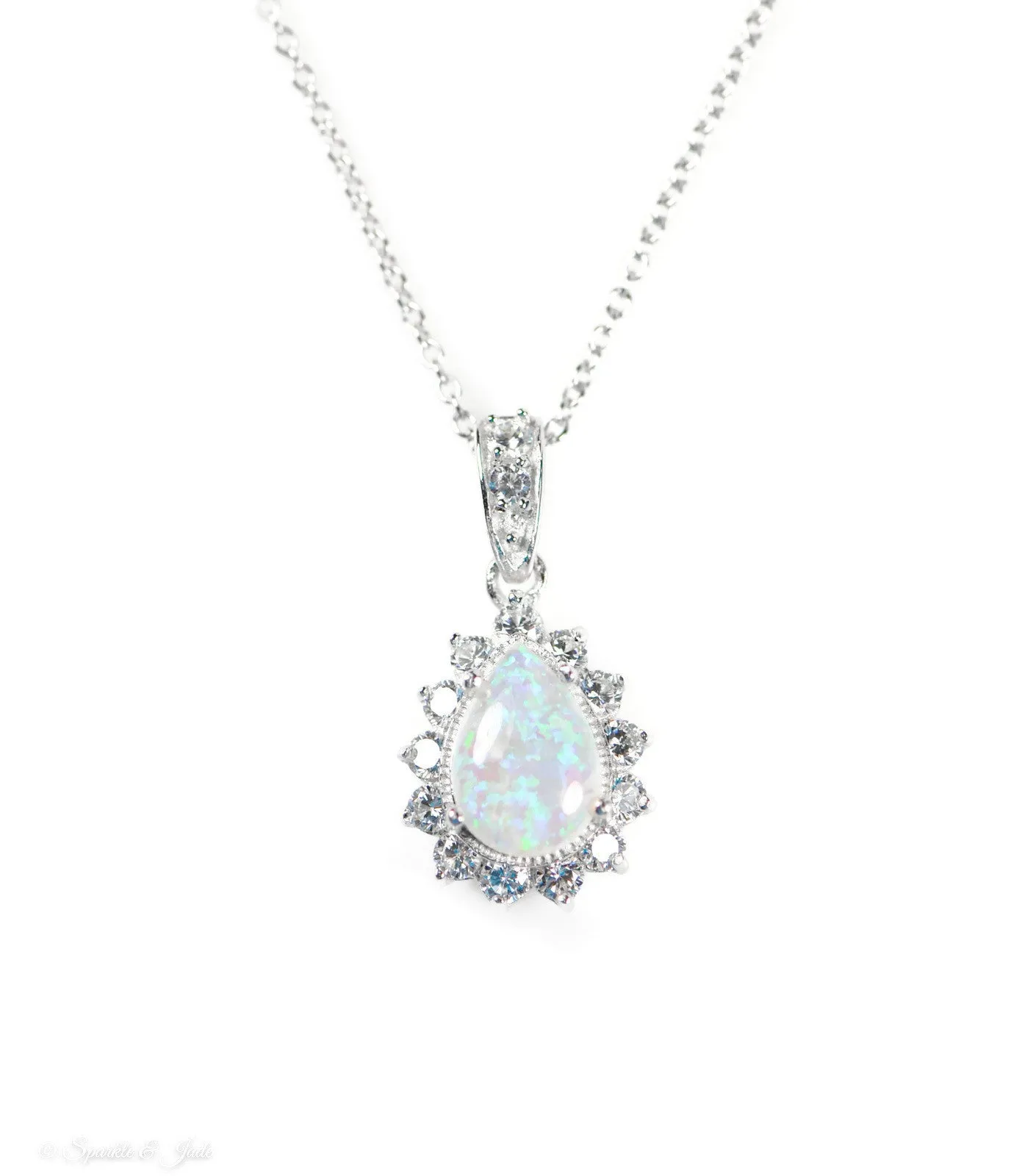 Cheryl M Sterling Silver CZ Opal Pear Halo Pendant Necklace