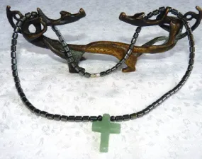 Chinese Jade on Hematite Cord Cross Pendant Necklace (NJNECK-107)