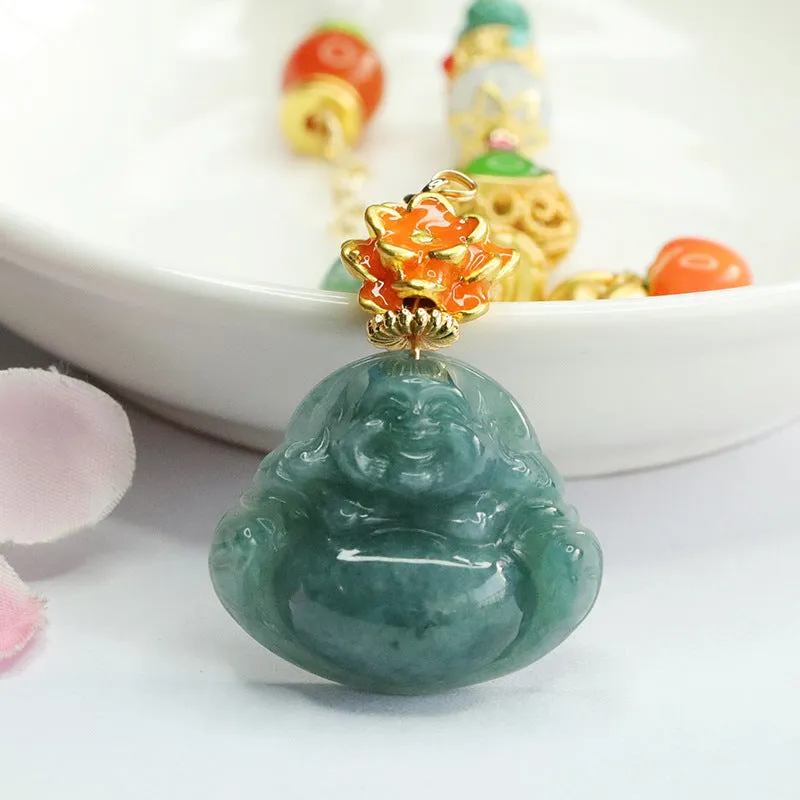 Colorful Lotus Maitreya Buddha Necklace with Natural Jade Stone