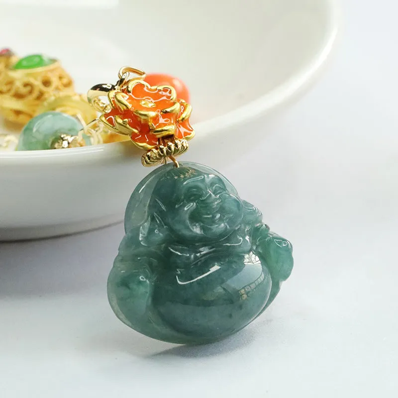 Colorful Lotus Maitreya Buddha Necklace with Natural Jade Stone