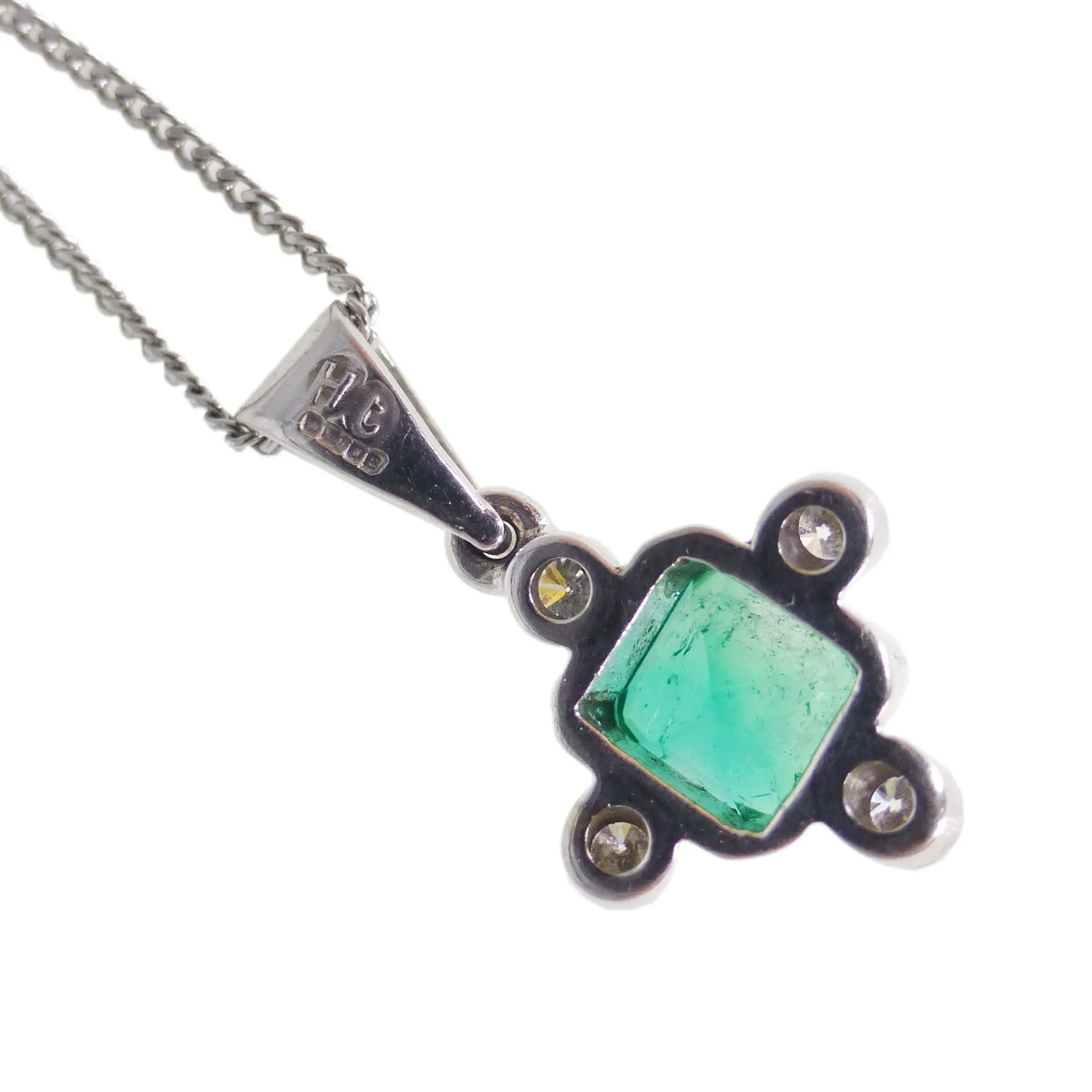 Contemporary 18ct White Gold Emerald & Diamond Pendant