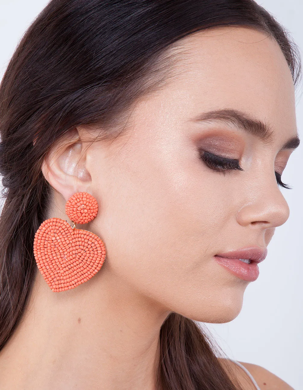 Coral Seed Bead Heart Earring