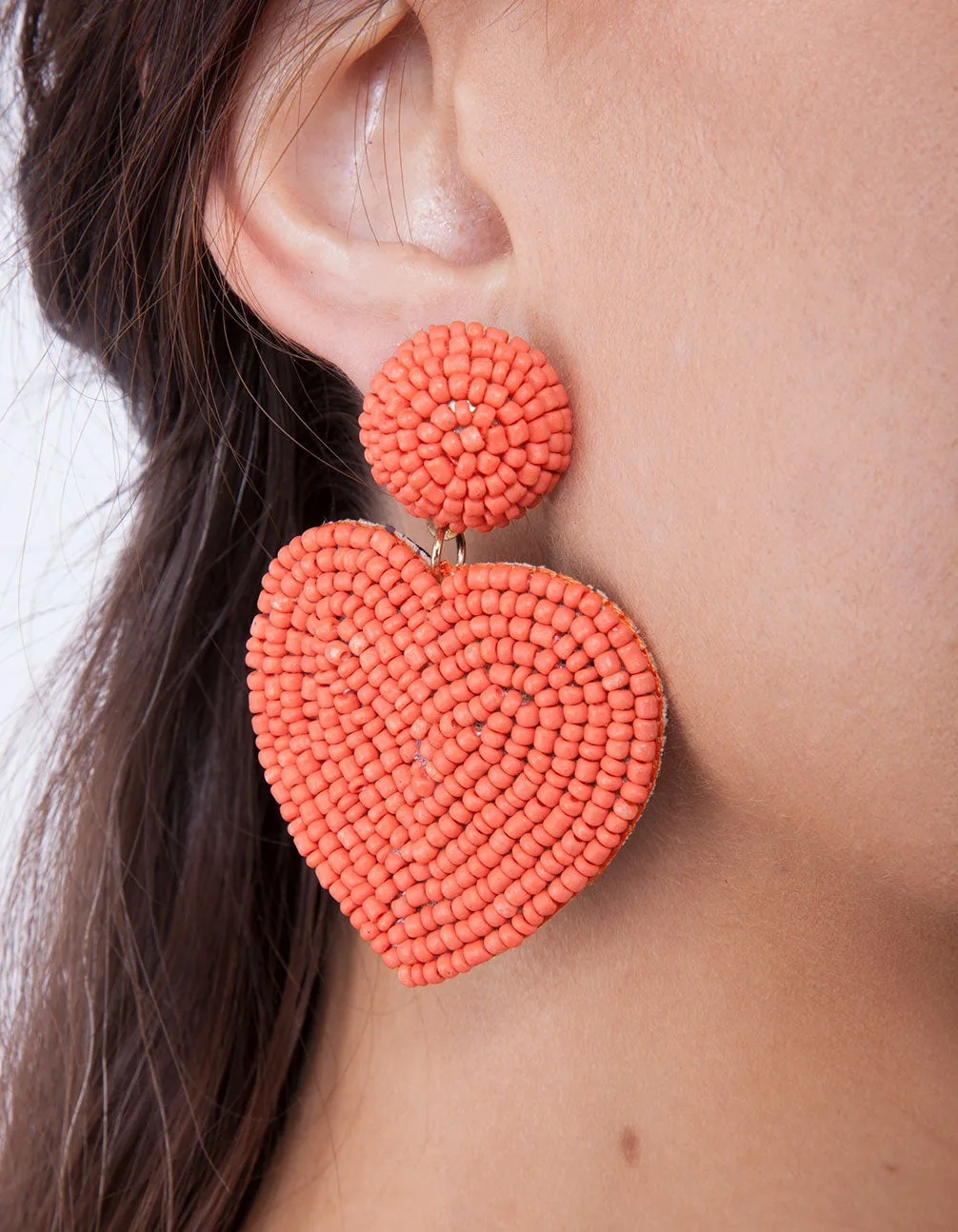 Coral Seed Bead Heart Earring