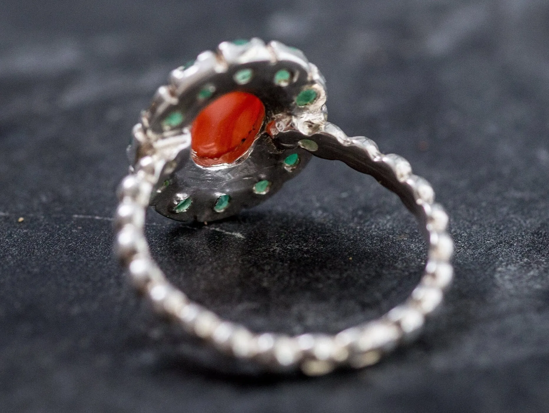 Coral Victorian Ring - Orange Flower Ring - Silver Coral Ring