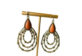 Coral/Rhinestone Drop Gold Tone Pierced Earrings